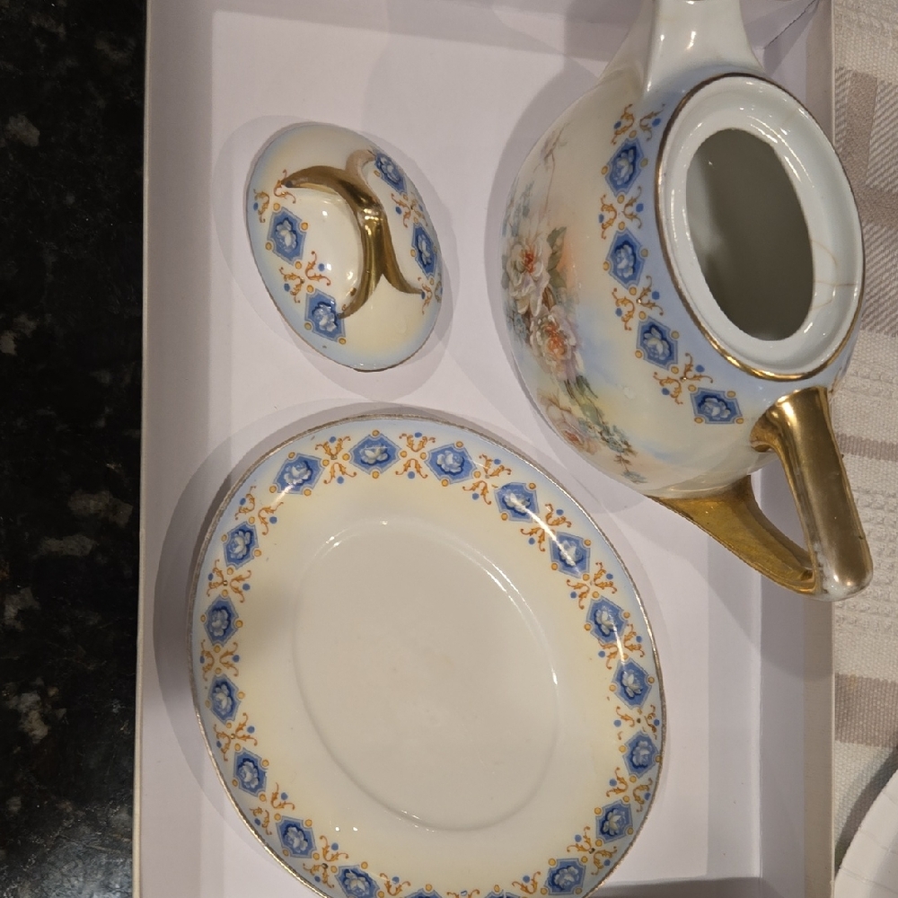 Vintage Porcelain Creamer and Saucer Set - Blue Floral with Gold Trim